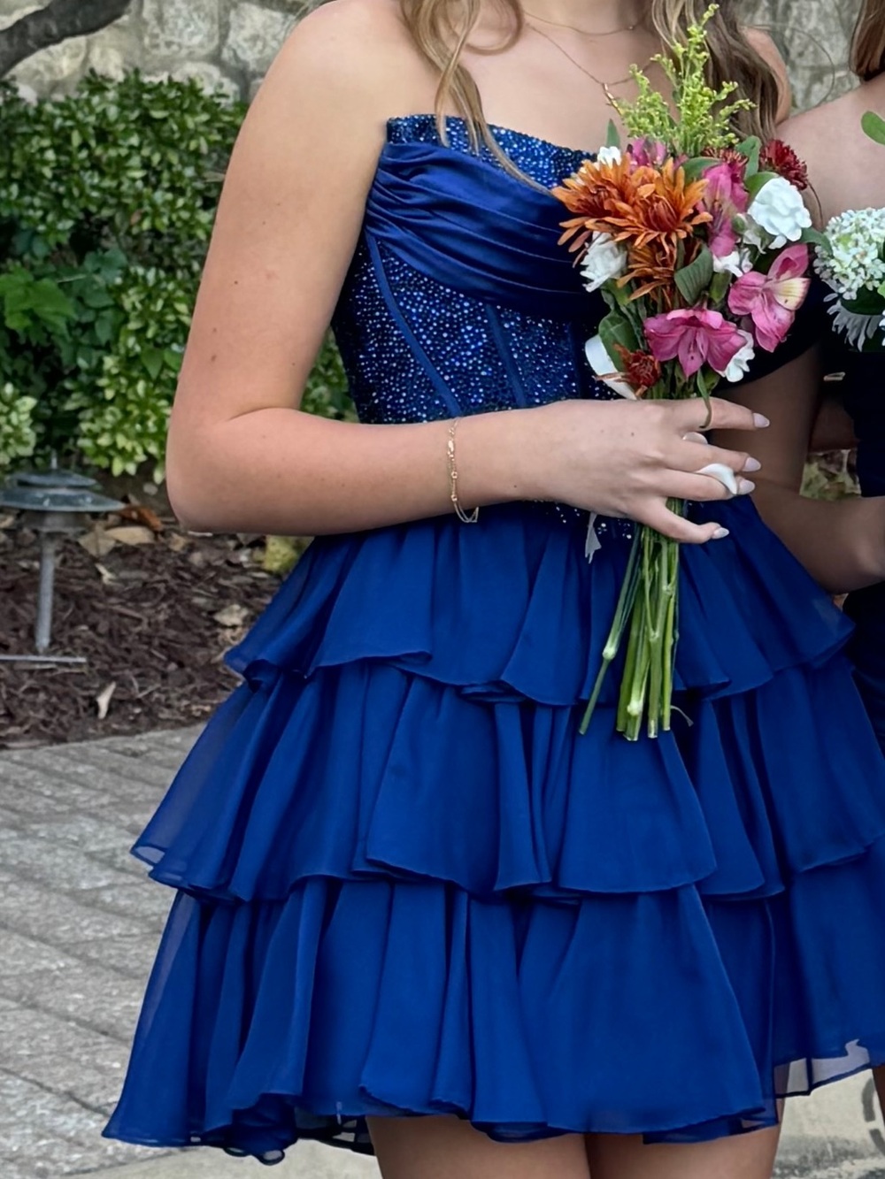 Sherri Hill Navy Sparkle Tiered Corset Dress